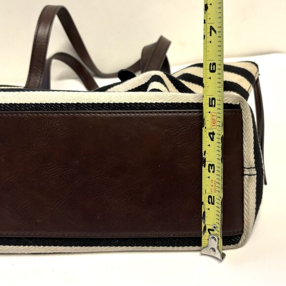 Fossil Jenna Tote Black White Striped Large Zippered Tote Bag Double Handle 12x9 - Picture 8 of 10